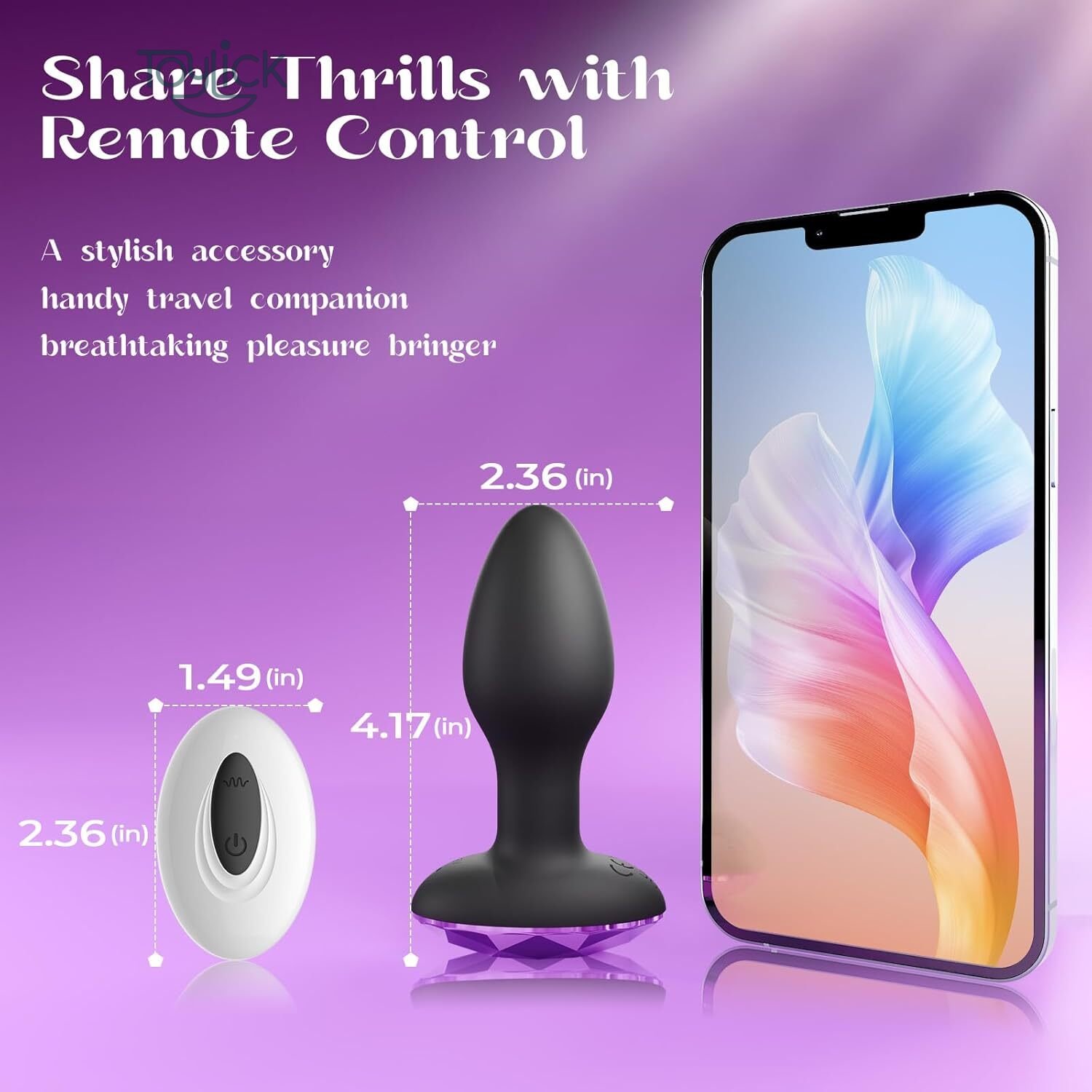 remote-controlled-rotating-anal-vibrator-with-10-modes-toylick-1 A product infographic titled "Share Thrills with Remote Control." It displays the black and purple toy and the white remote with their dimensions: the toy is 4.17 by 2.36 inches, and the remote is 2.36 by 1.49 inches. A smartphone is shown next to them, implying portability.