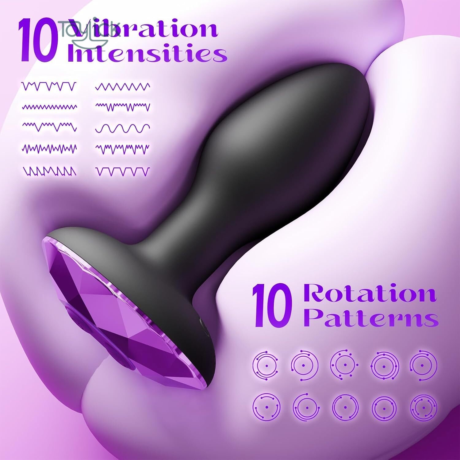 remote-controlled-rotating-anal-vibrator-with-10-modes-toylick-2 A promotional image showcasing the functions of a Toylick vibrator. The black toy with a faceted purple crystal base is nestled in a soft, light-purple cushion. Text on the left displays "10 Vibration Intensities" with corresponding wave pattern icons, while text on the right shows "10 Rotation Patterns" with circular arrow icons.