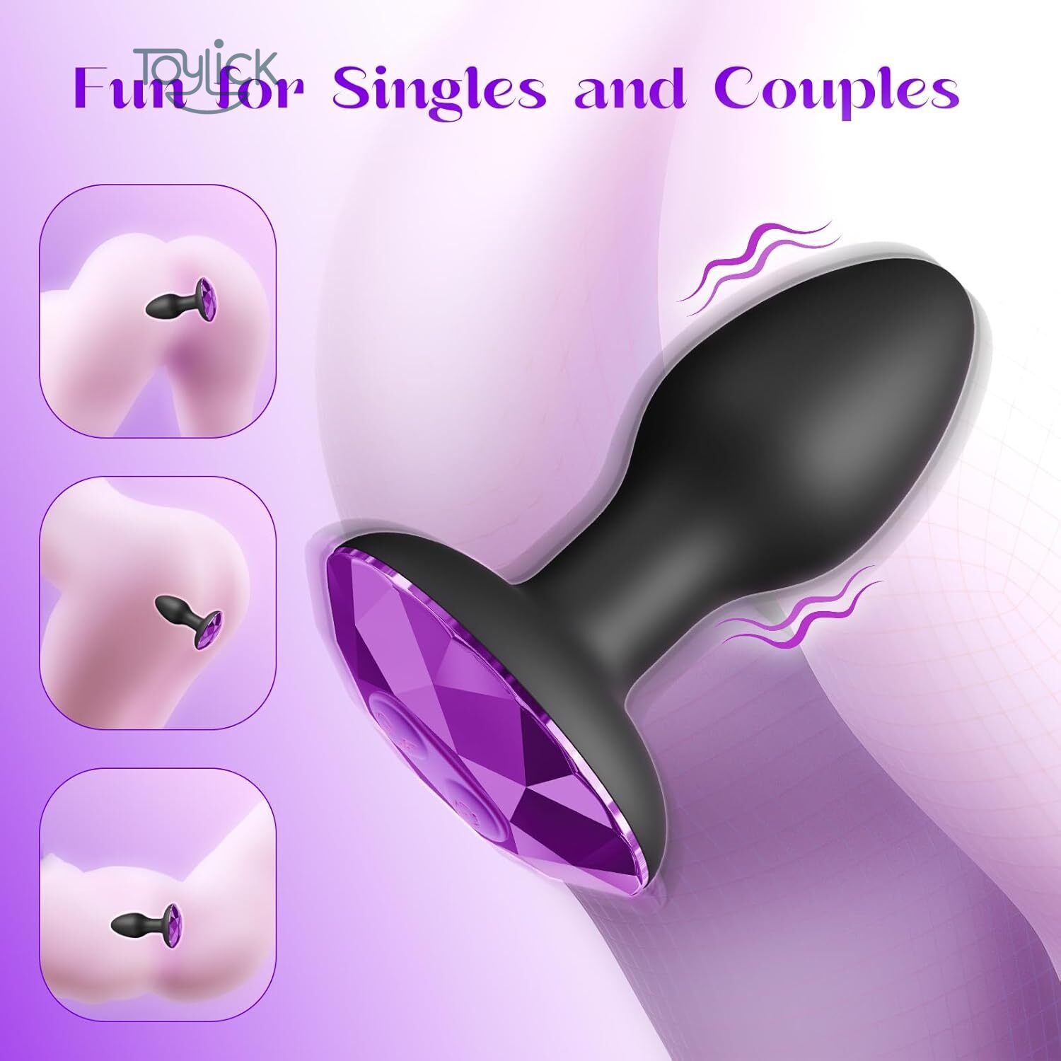 remote-controlled-rotating-anal-vibrator-with-10-modes-toylick-3 A promotional image showcasing the functions of a Toylick vibrator. The black toy with a faceted purple crystal base is nestled in a soft, light-purple cushion. Text on the left displays "10 Vibration Intensities" with corresponding wave pattern icons, while text on the right shows "10 Rotation Patterns" with circular arrow icons.An advertisement for a Toylick vibrator titled "Fun for Singles and Couples." The black and purple toy is shown on the right with vibration lines. On the left, three small, stylized illustrations depict the toy being used anally from different angles.