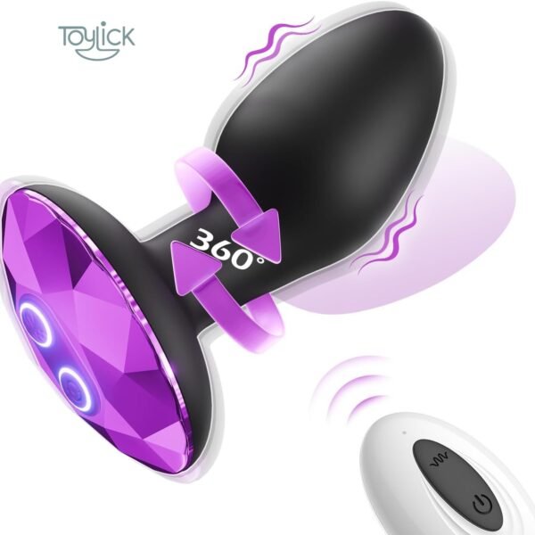 A main product image of the Toylick rotating vibrator. The black toy has a purple, faceted base with two illuminated buttons. A purple arrow graphic labeled "360°" circles the neck to indicate rotation, while wavy lines show vibration. A white wireless remote control is in the bottom right corner.