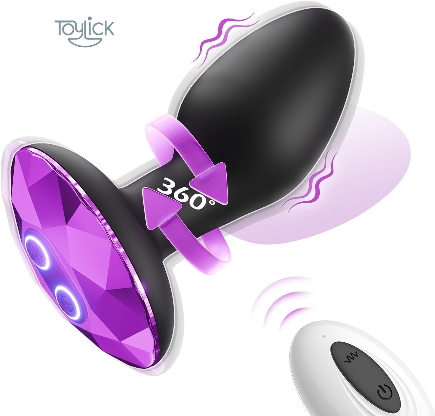 remote-controlled-rotating-anal-vibrator-with-10-modes-toylick-main A main product image of the Toylick rotating vibrator. The black toy has a purple, faceted base with two illuminated buttons. A purple arrow graphic labeled "360°" circles the neck to indicate rotation, while wavy lines show vibration. A white wireless remote control is in the bottom right corner.