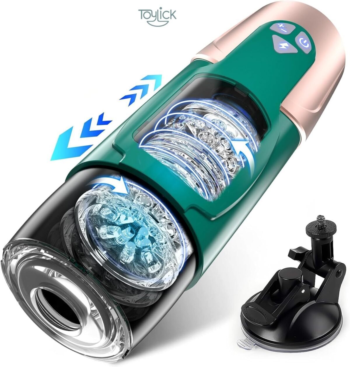 ToyLick Smart App Control Male Masturbator - 7 Spinning Mode. Detailed illustration of the internal action, showing the clear, textured sleeve rotating and moving with blue arrows, next to a black suction cup mount.