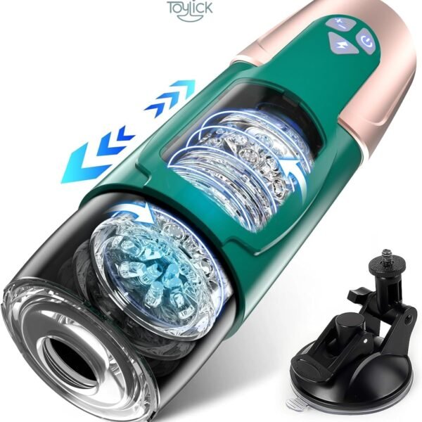 ToyLick Smart App Control Male Masturbator - 7 Spinning Mode. Detailed illustration of the internal action, showing the clear, textured sleeve rotating and moving with blue arrows, next to a black suction cup mount.