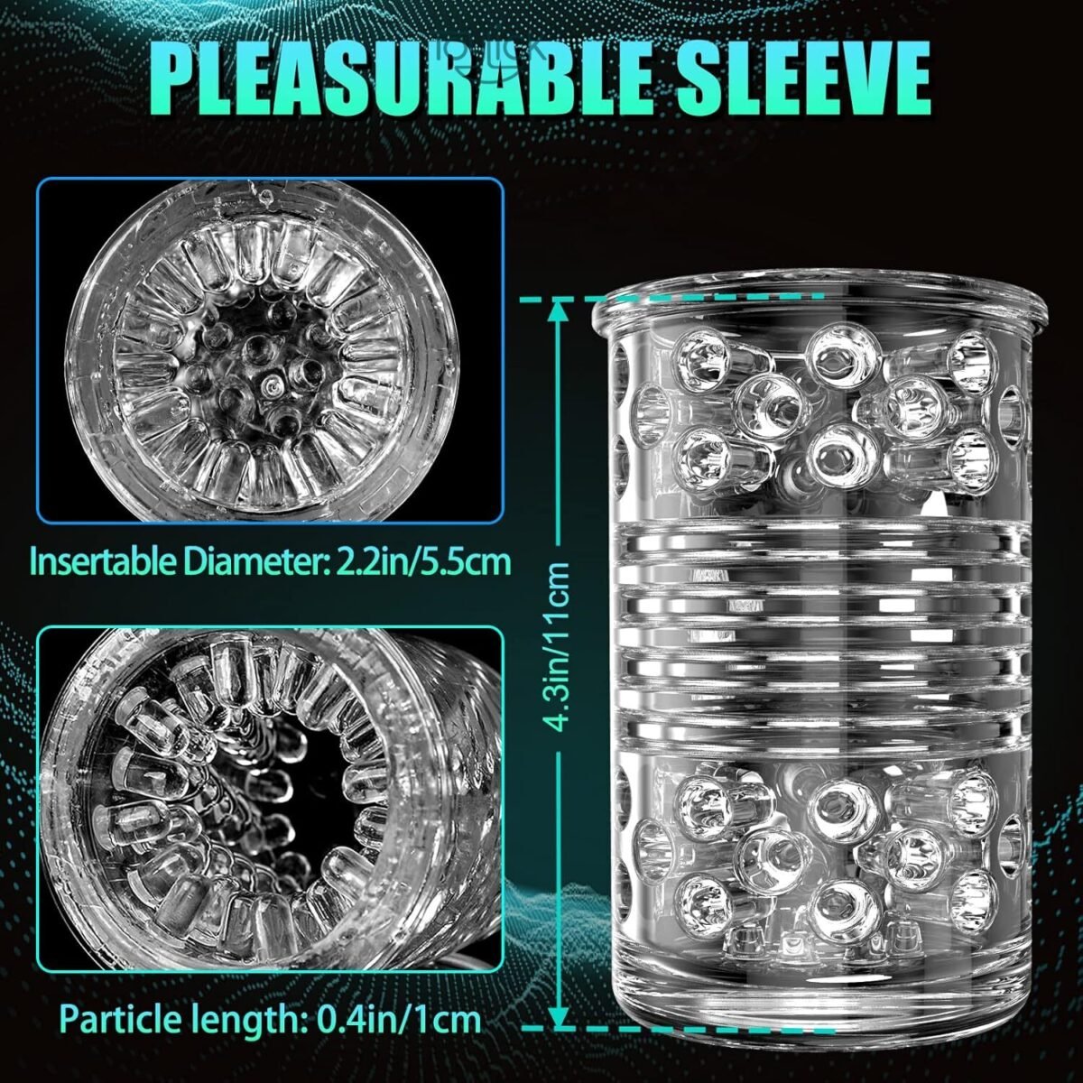 Detailed view of the transparent, Pleasurable Sleeve for the ToyLick Smart App Control Male Masturbator - 7 Spinning Mode, showing its bubble-like texture, with specifications: Insertable Diameter: 2.2in/5.5cm and Particle length: 0.4in/1cm.