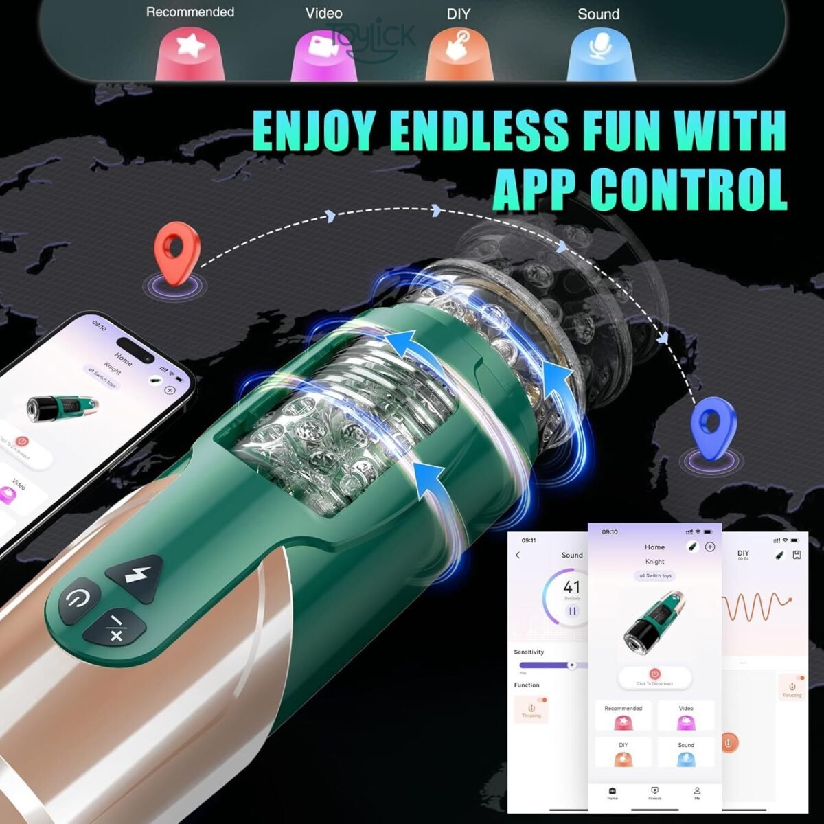 Enjoy Endless Fun with App Control feature for the ToyLick Smart App Control Male Masturbator - 7 Spinning Mode, showing the device and multiple smartphone screens with options like Recommended, Video, DIY, and Sound modes.