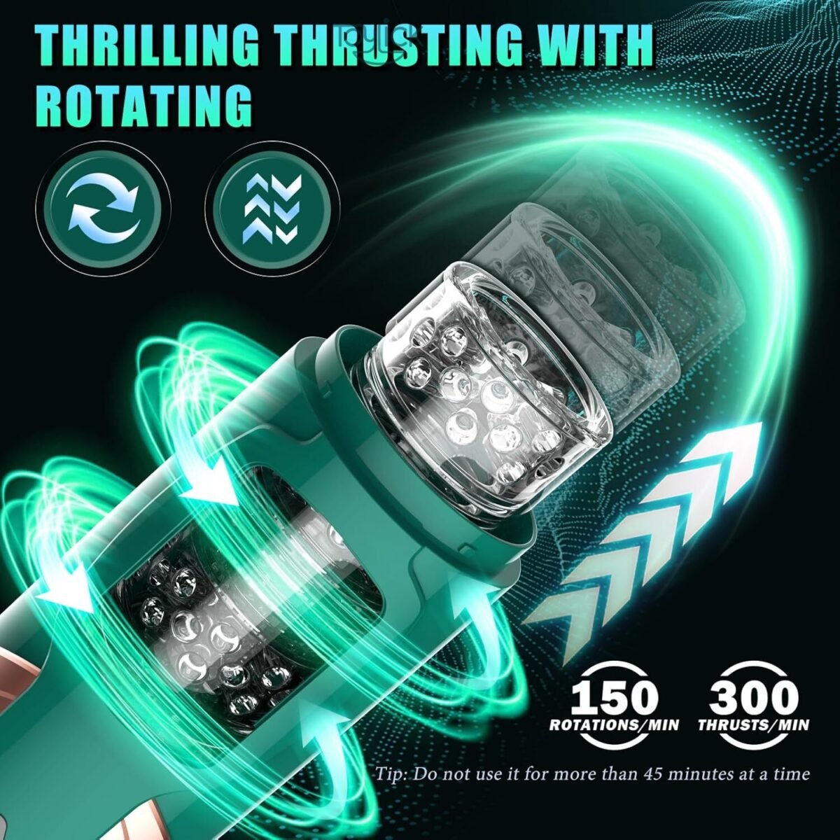 Thrilling Thrusting with Rotating action of the ToyLick Smart App Control Male Masturbator - 7 Spinning Mode. The graphic highlights speeds up to 150 ROTATIONS/MIN and 300 THRUSTS/MIN.