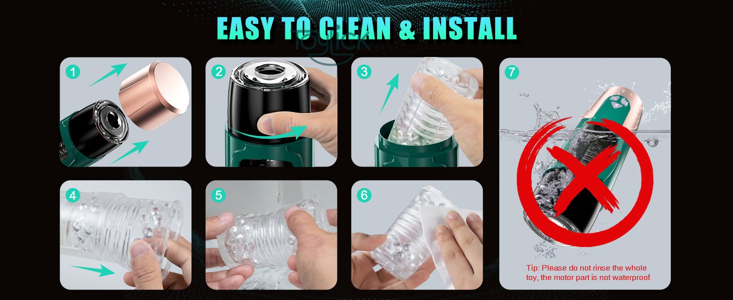 Easy to Clean & Install instructions for the ToyLick Smart App Control Male Masturbator - 7 Spinning Mode, showing how to disassemble and reassemble the sleeve. A warning is included: "Please do not rinse the whole toy, the motor part is not waterproof."