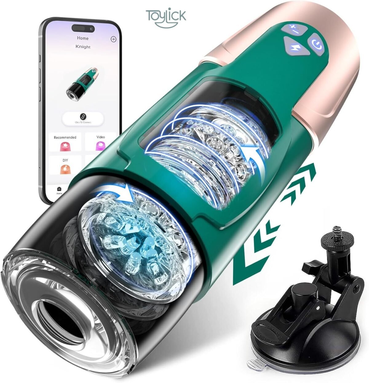 ToyLick Smart App Control Male Masturbator - 7 Spinning Mode. Main product view showing the dark green and rose gold device with a clear section revealing the spinning and thrusting mechanism. A smartphone displaying the control app and a strong suction base are also included.