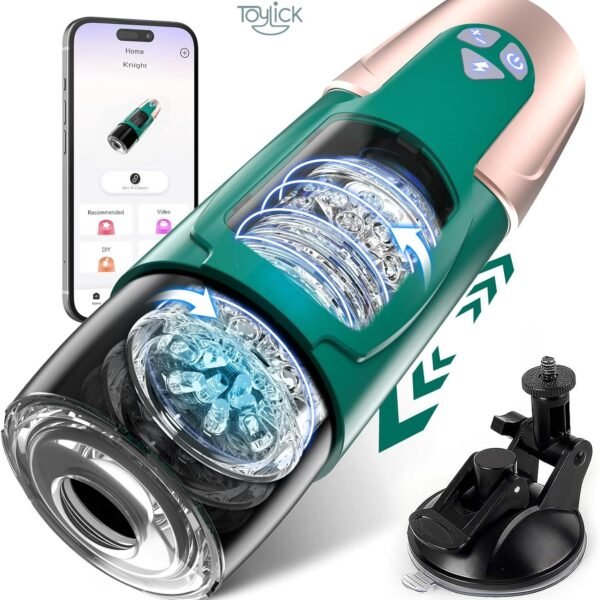 ToyLick Smart App Control Male Masturbator - 7 Spinning Mode. Main product view showing the dark green and rose gold device with a clear section revealing the spinning and thrusting mechanism. A smartphone displaying the control app and a strong suction base are also included.