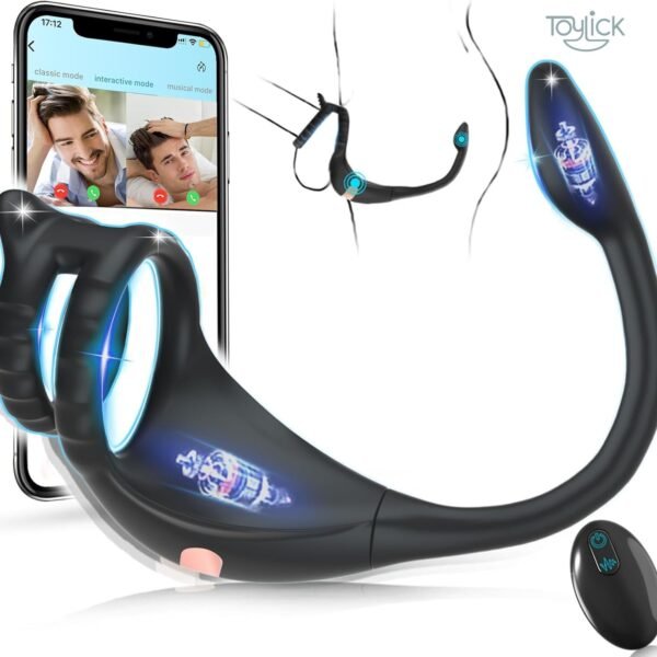 ToyLick Smart App Control Prostate Massager with Cock Ring. Main view of the black silicone device, showing the curved prostate-massaging tip and the attached external cock ring for dual stimulation.