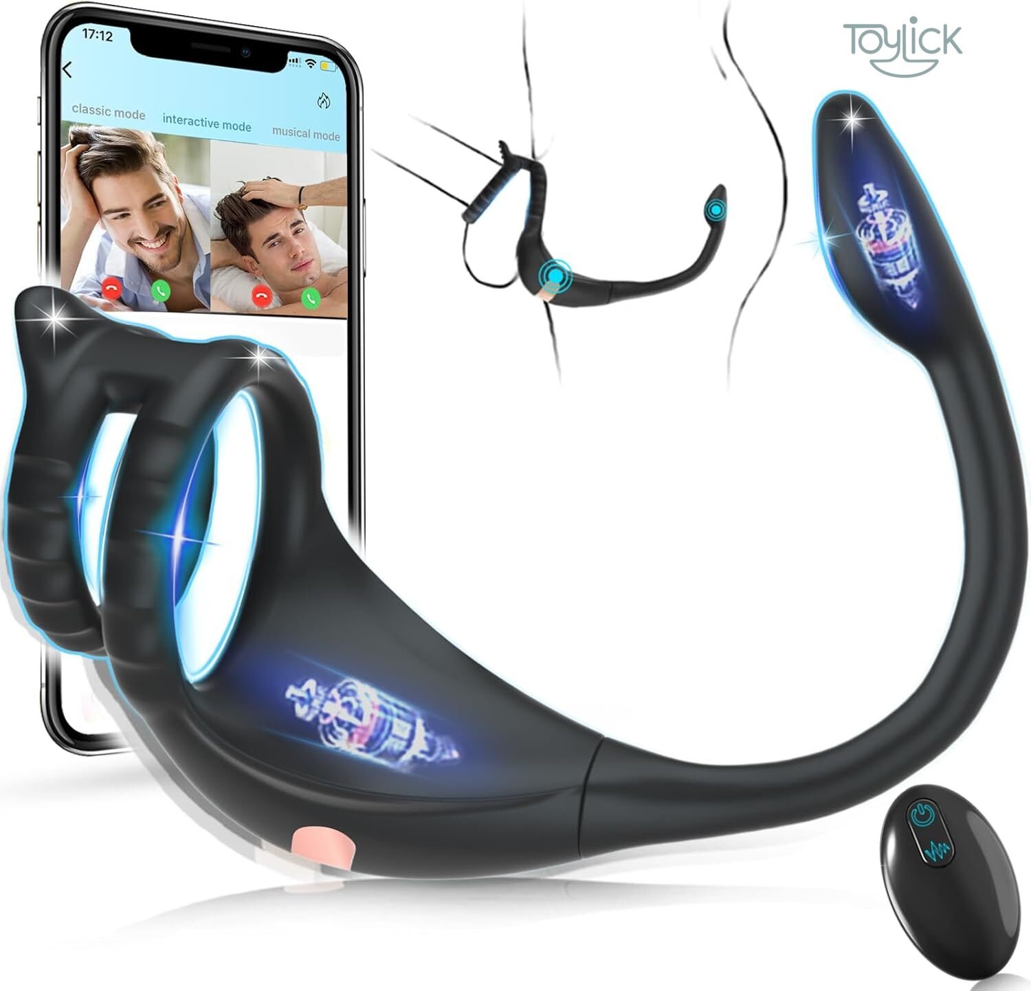 smart-app-control-prostate-massager-cock-ring-toylick-main ToyLick Smart App Control Prostate Massager with Cock Ring. Main view of the black silicone device, showing the curved prostate-massaging tip and the attached external cock ring for dual stimulation.