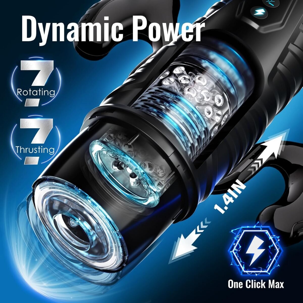 Promotional image showcasing the "Dynamic Power" of the Thrust Master Pro Male Stroker by ToyLick, featuring "7 Rotating" and "7 Thrusting" modes. A white arrow indicates the thrusting distance of "1.4IN." The internal mechanism is illuminated with bright blue light, emphasizing the rotating and reciprocating motion.