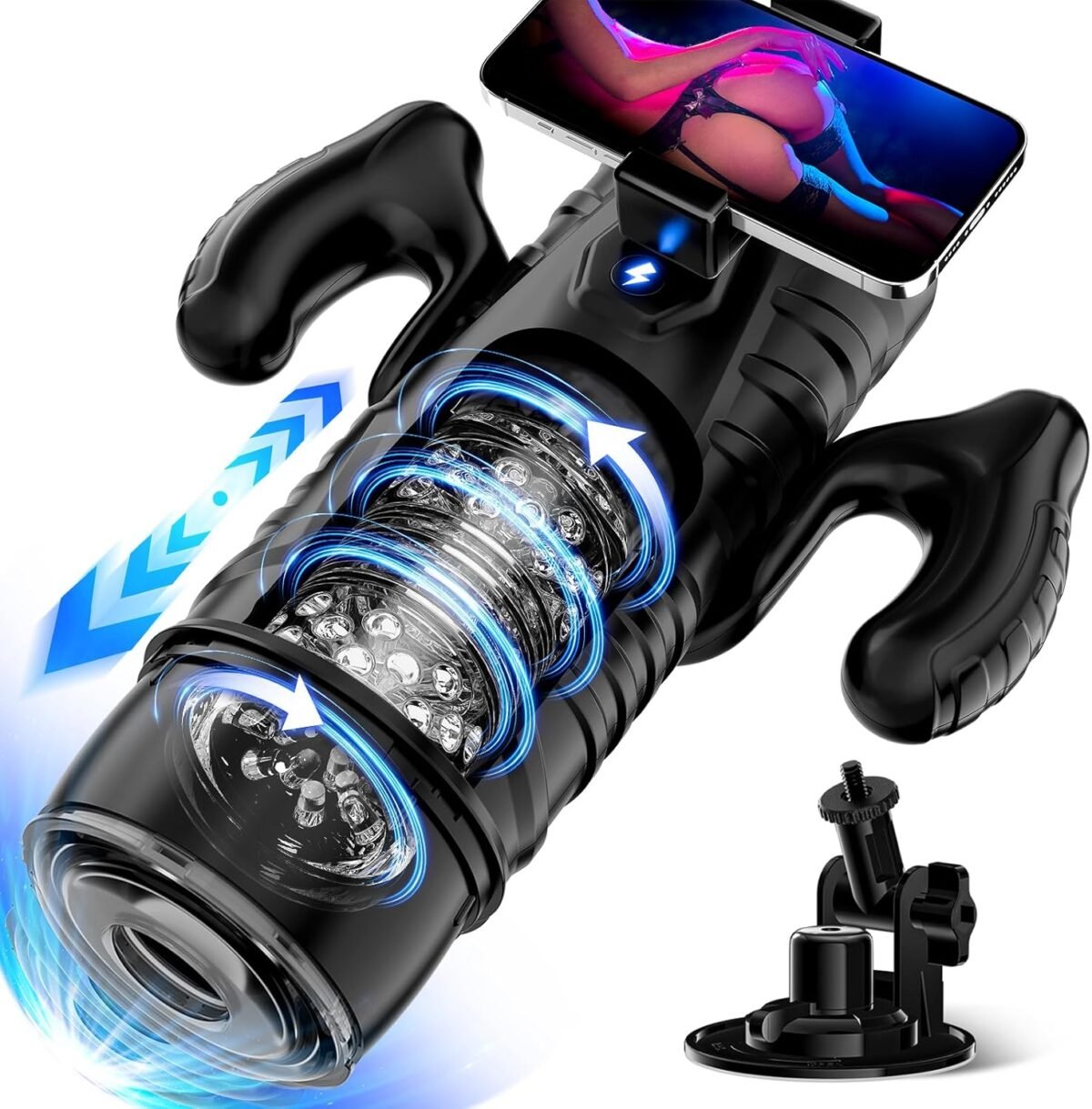 A high-tech black ThrustMaster Pro Male Stroker with a clear, textured insert that is internally illuminated with small lights. Blue swirling arrows indicate internal motion and vibration. On top, a smartphone is mounted, displaying a partial image of a person's buttocks in a thong with neon pink and blue lighting. The device has two large handles on the sides for grip, and a separate suction cup mount accessory is visible in the lower right corner. The background is white.