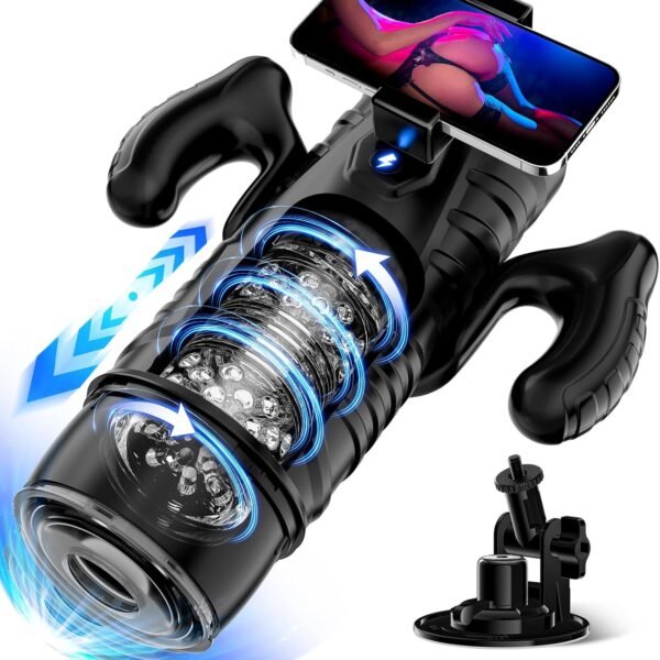 A high-tech black ThrustMaster Pro Male Stroker with a clear, textured insert that is internally illuminated with small lights. Blue swirling arrows indicate internal motion and vibration. On top, a smartphone is mounted, displaying a partial image of a person's buttocks in a thong with neon pink and blue lighting. The device has two large handles on the sides for grip, and a separate suction cup mount accessory is visible in the lower right corner. The background is white.