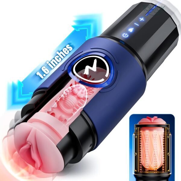 Close-up of the Thrusting Male Masturbator demonstrating the 1.6 inches of automatic thrusting depth, with the pink sleeve's internal texture and the 360° heating elements visible.