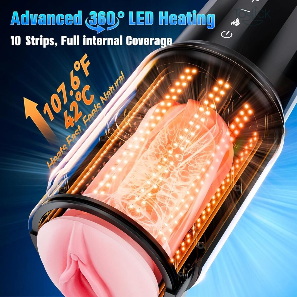 Cutaway view focusing on the Advanced 360° LED Heating system, showing 10 internal strips heating the sleeve to 107.6°F (42°C) for a natural, lifelike experience.