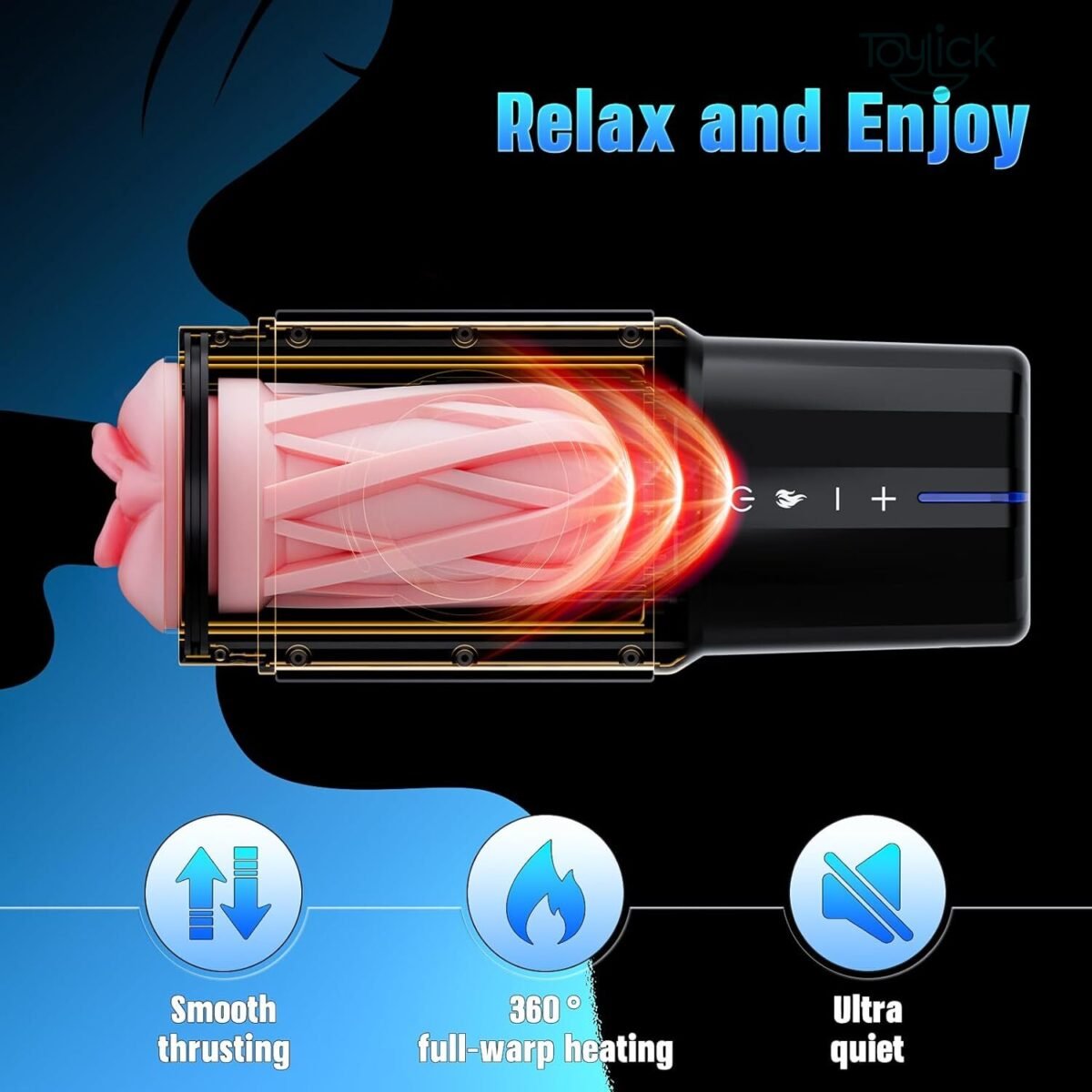 Image showcasing the three core features: Smooth thrusting, 360° full-warp heating, and Ultra quiet operation, with a view of the sleeve texture inside the device.