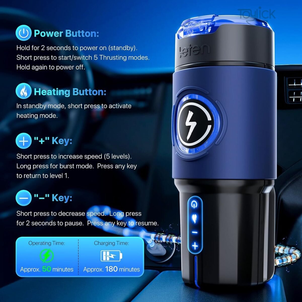 Instructions detailing the controls: Power Button (5 modes), Heating Button, and "+"/"–" Keys for speed and burst mode, with battery and operating times listed.