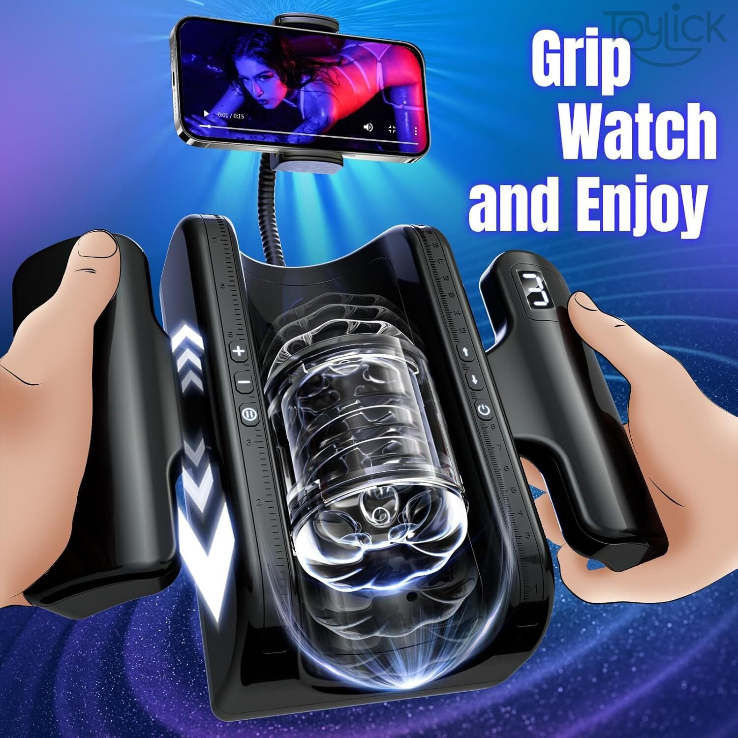 thrusting-masturbator-with-7-8-in-adjustable-stroke-9-speeds-toylick-4 ToyLick Thrusting Masturbator showing the Ultra-Soft Realistic TPE Sleeve and its textured inner lining, along with a statement: "Fits Most Sizes."