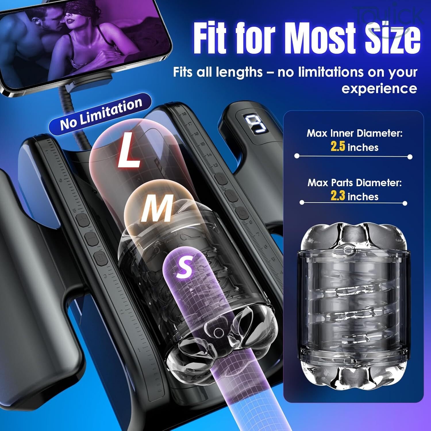 thrusting-masturbator-with-7-8-in-adjustable-stroke-9-speeds-toylick-5 ToyLick Thrusting Masturbator detailing dimensions: Total height 270mm, Base width 90mm, and a 200mm Internal Length (7.8in stroke).