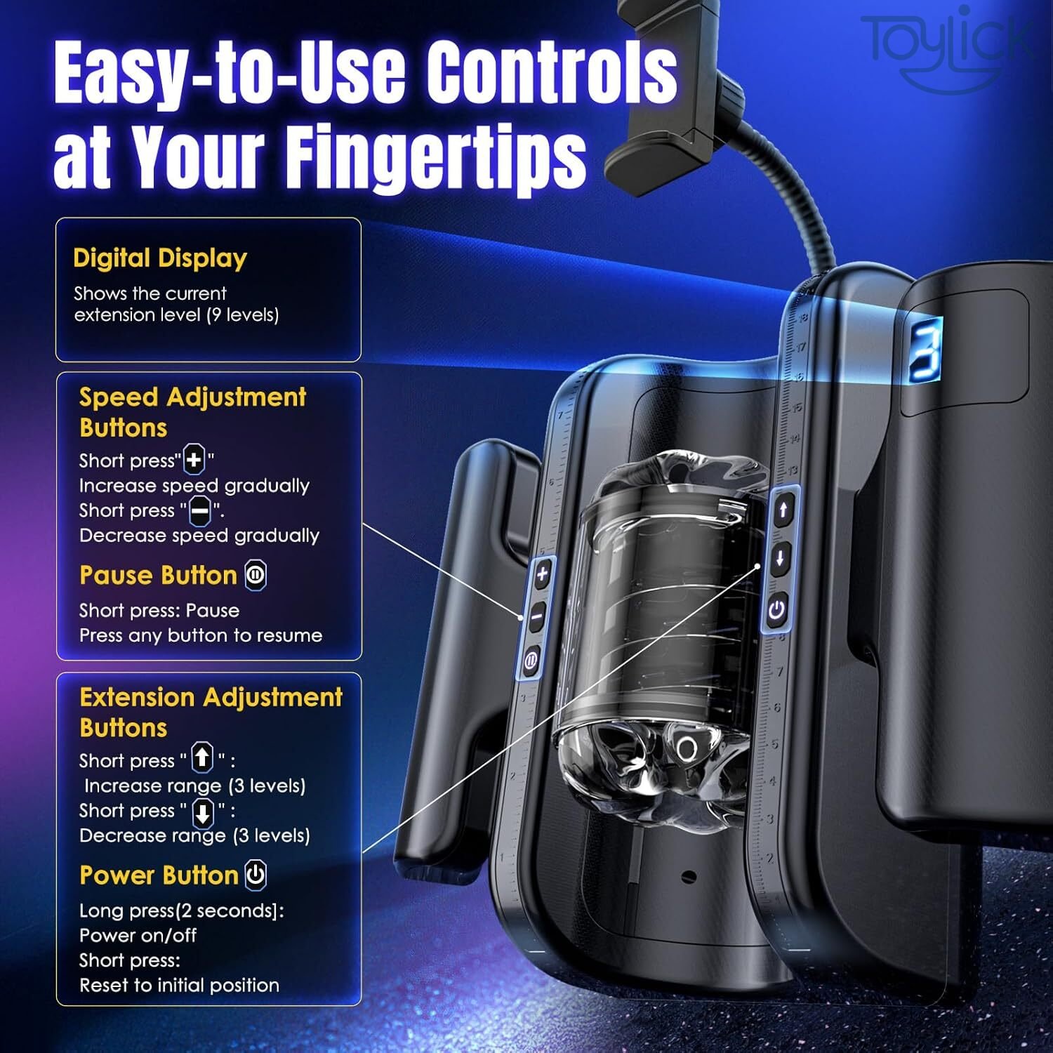 thrusting-masturbator-with-7-8-in-adjustable-stroke-9-speeds-toylick-6 ToyLick Thrusting Masturbator promoting its Hands-Free Fun capability via the strong suction cup base for easy mounting on a smooth surface like a table or wall.