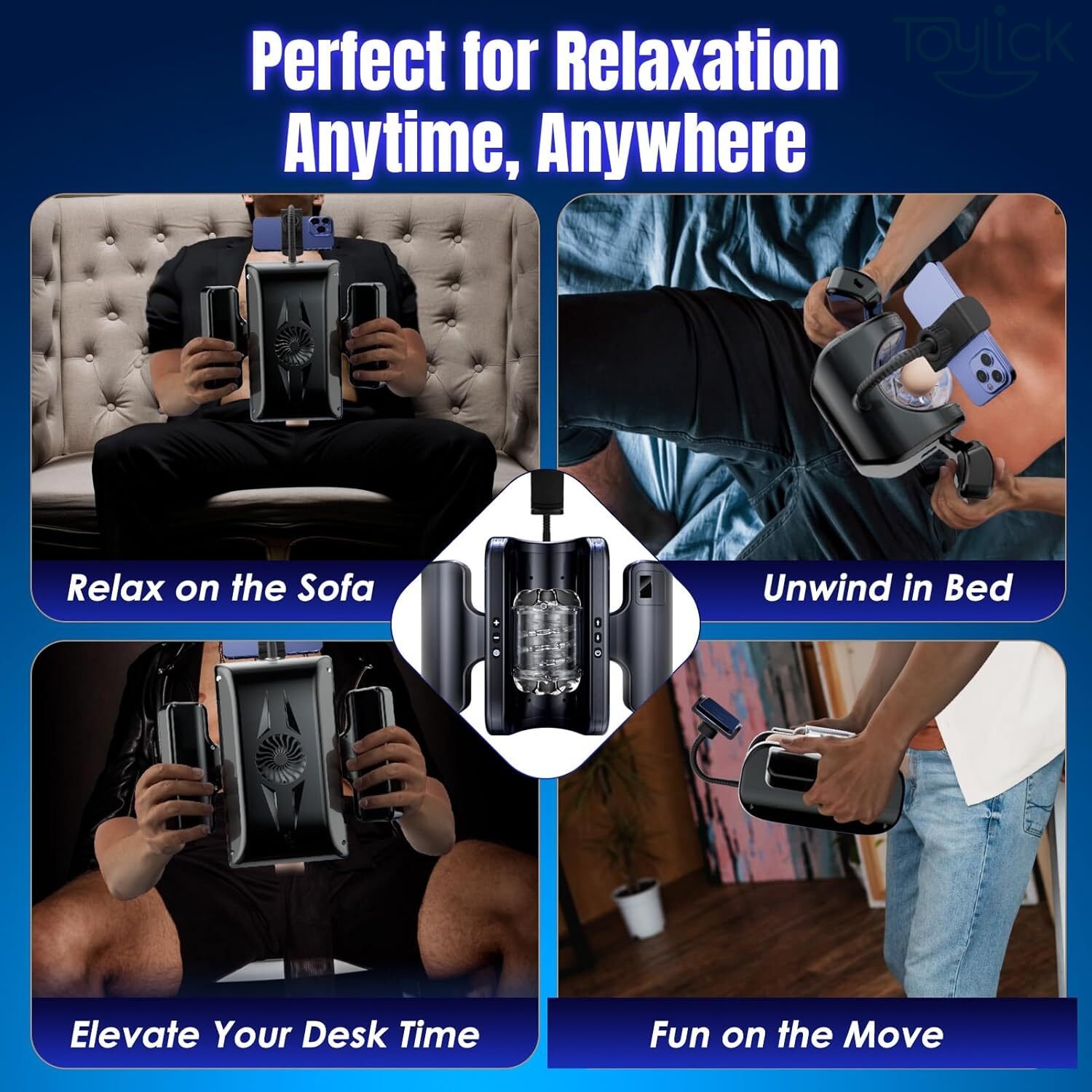 thrusting-masturbator-with-7-8-in-adjustable-stroke-9-speeds-toylick-7 ToyLick Thrusting Masturbator package contents, listing the main device, USB charging cable, User Manual, and two packs of water-based lubricant, all in a discreet black box.