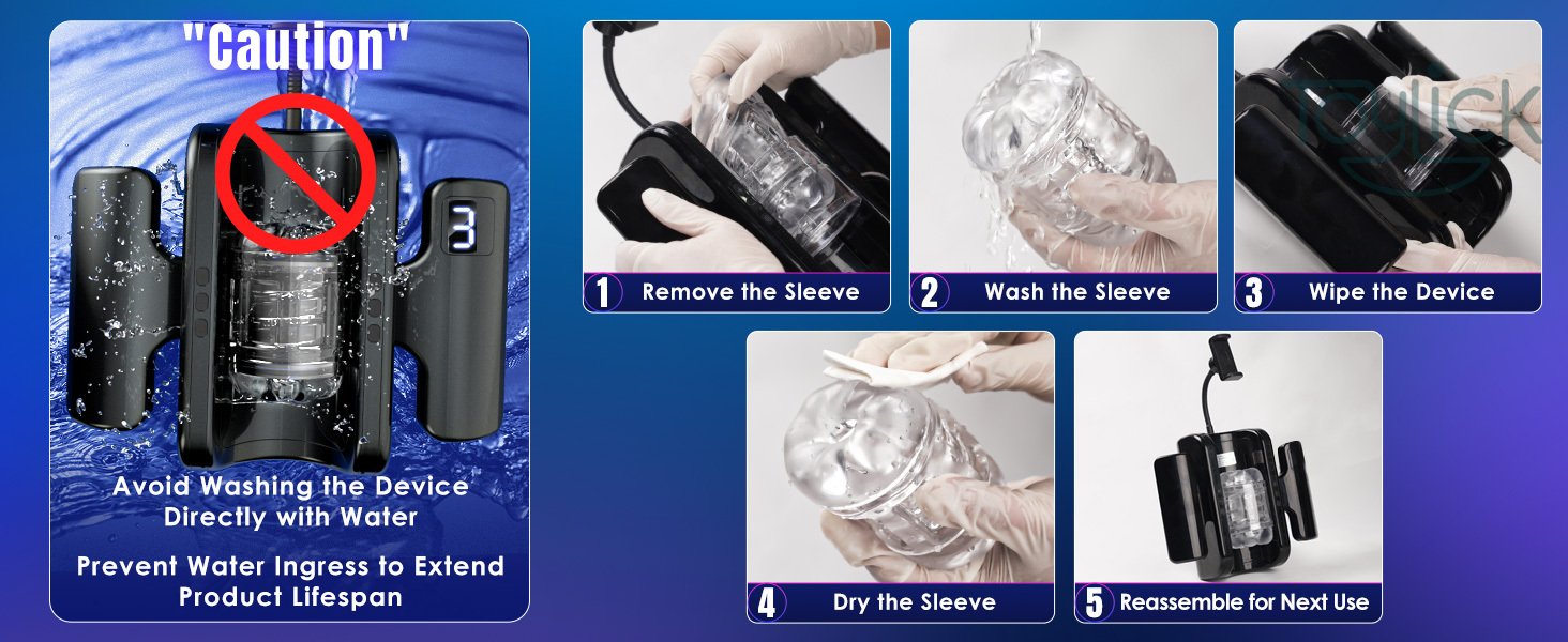 thrusting-masturbator-with-7-8-in-adjustable-stroke-9-speeds-toylick-cleaning-instruction Easy to Clean instructions for the ToyLick Thrusting Masturbator, showing how to twist off the cap, pull out the sleeve, rinse it with water, and wipe the motor part.