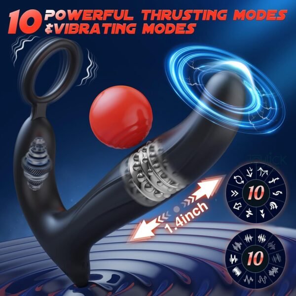 ToyLick Thrusting Prostate Massager highlighting the Powerful Multi-Function features: Rotation, Vibration, and Thrusting, with a diagram showing the movement and the 360∘ Rotating Head.