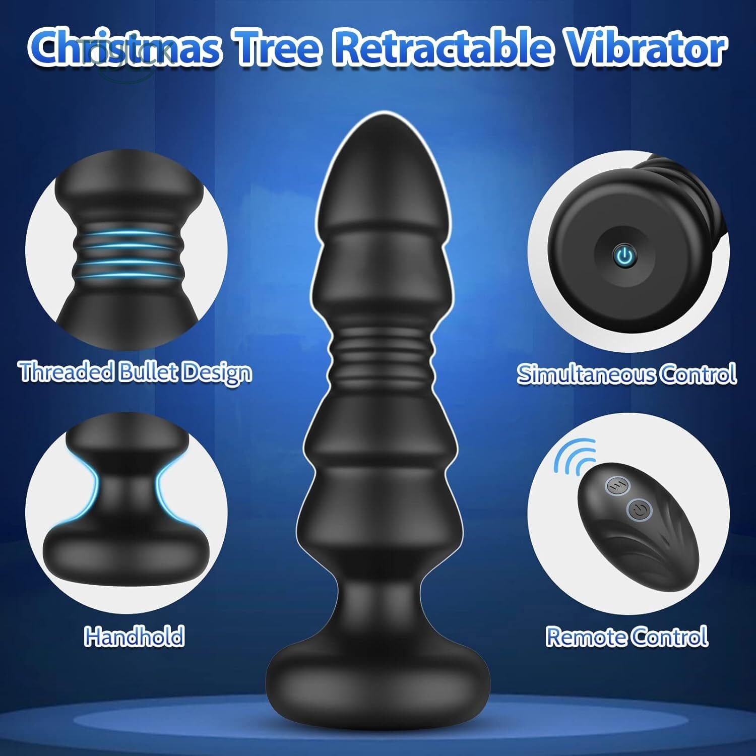thrusting-remote-control-anal plug-5-vibrating-modes-toylick-3 An infographic for the "Christmas Tree Retractable Vibrator." A central image of the black toy is surrounded by four circular insets, highlighting the "Threaded Bullet Design," the flared base as a "Handhold," the on-device button for "Simultaneous Control," and the separate "Remote Control."