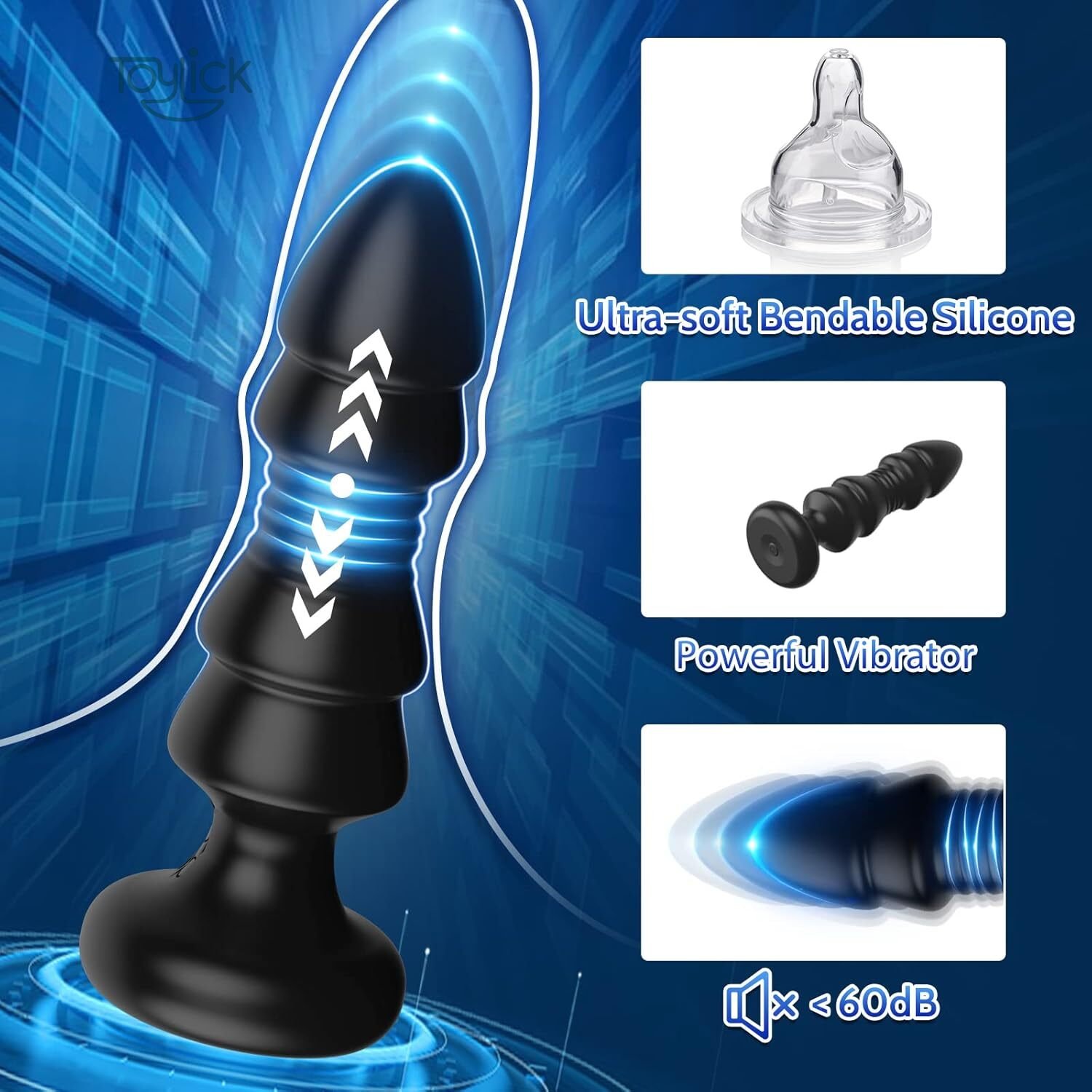 thrusting-remote-control-anal plug-5-vibrating-modes-toylick-4 A feature-focused image of the Toylick vibrator. The main image shows the black toy with arrows indicating thrusting motion. Three inset boxes display key features: "Ultra-soft Bendable Silicone," the full device labeled "Powerful Vibrator," and a close-up indicating quiet operation under 60dB.
