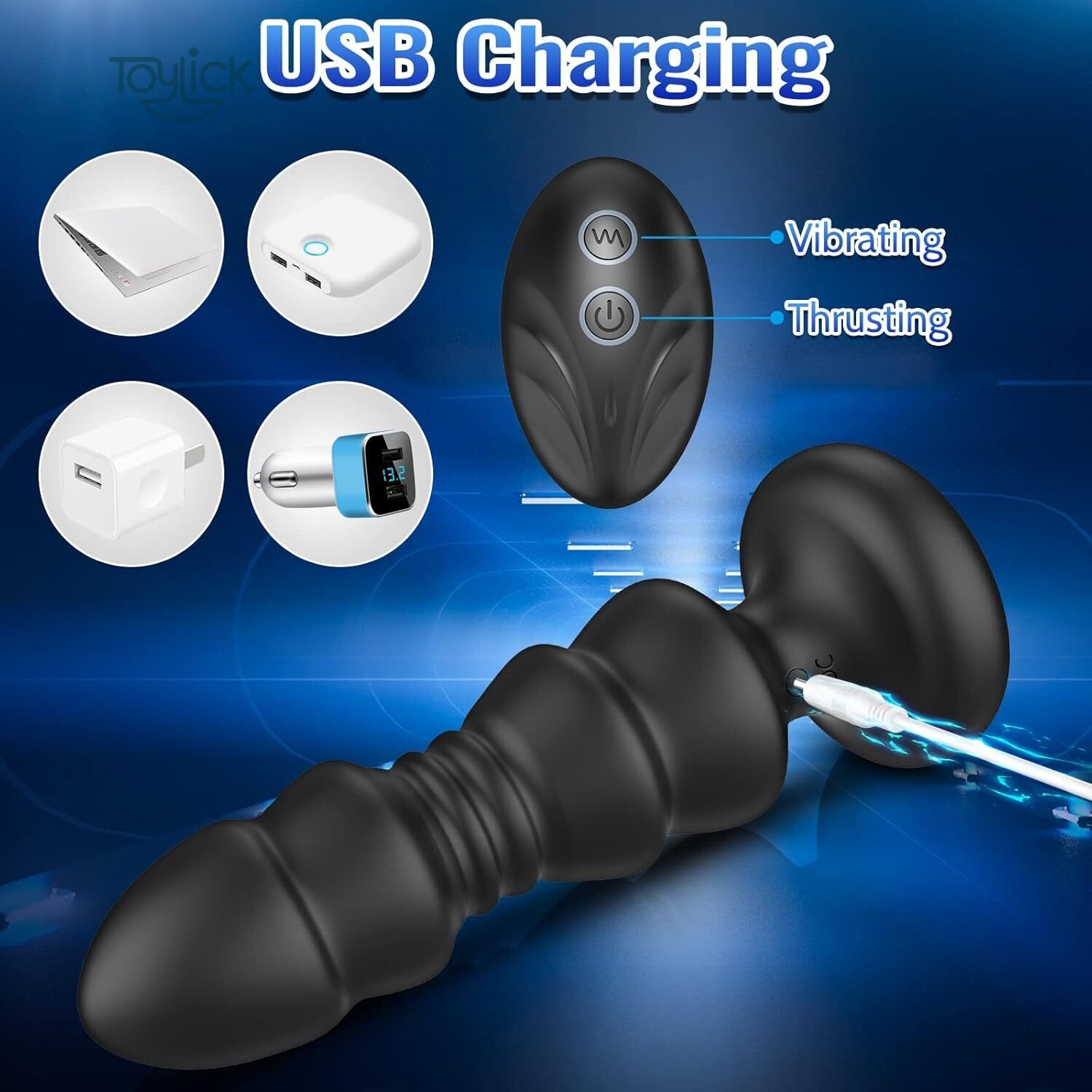 thrusting-remote-control-anal plug-5-vibrating-modes-toylick-5 An image demonstrating the "USB Charging" feature of the vibrator. The device is shown with a charging cable connected to its base. Four icons illustrate charging via a laptop, power bank, wall adapter, or car charger. An inset of the remote points out the separate buttons for "Vibrating" and "Thrusting" functions.