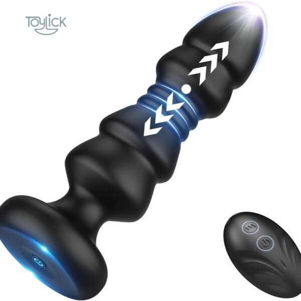 A main product shot of the black Toylick thrusting vibrator. The device is shown at an angle with glowing blue light effects and white arrows illustrating its in-and-out motion. The power button on the flared base is illuminated, and the wireless remote control is positioned to the lower right.