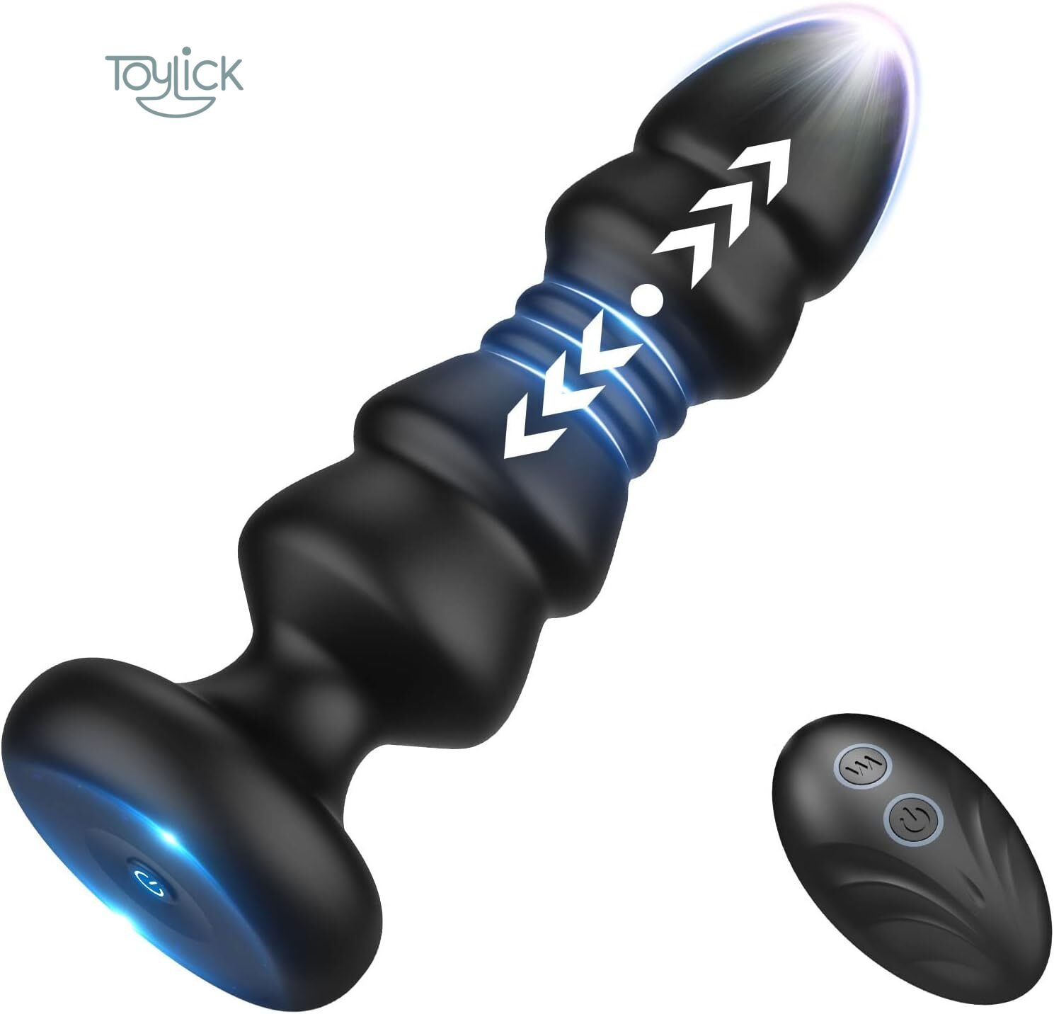 thrusting-remote-control-anal plug-5-vibrating-modes-toylick-main A main product shot of the black Toylick thrusting vibrator. The device is shown at an angle with glowing blue light effects and white arrows illustrating its in-and-out motion. The power button on the flared base is illuminated, and the wireless remote control is positioned to the lower right.