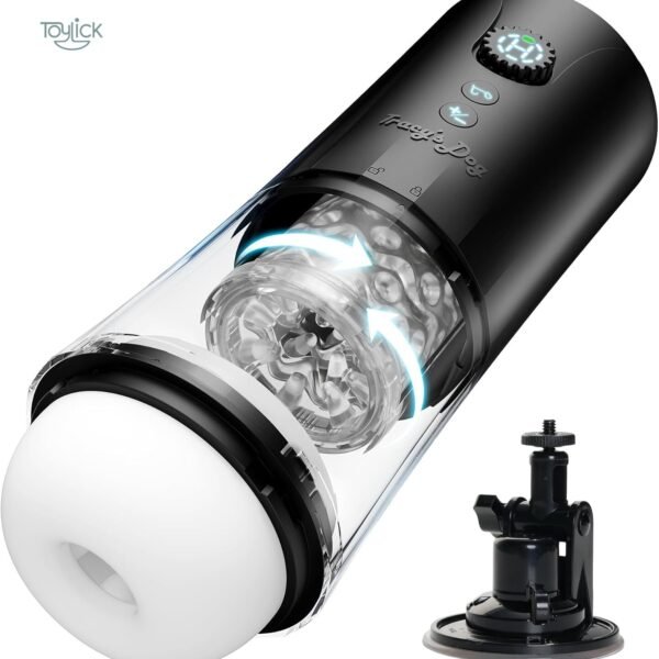 ToyLick Turbo Thrust Automatic Male Masturbator. Main product view showing the white and silver device with a detachable clear sleeve, next to its packaging and a silver base/cap.