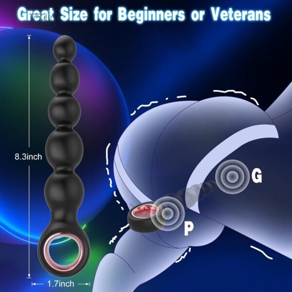A size and usage guide for the Toylick vibrating anal beads, titled "Great Size for Beginners or Veterans." The black toy is shown with its dimensions: 8.3 inches in length and 1.7 inches in width at the base. A diagram illustrates how the beads stimulate internal pleasure points.