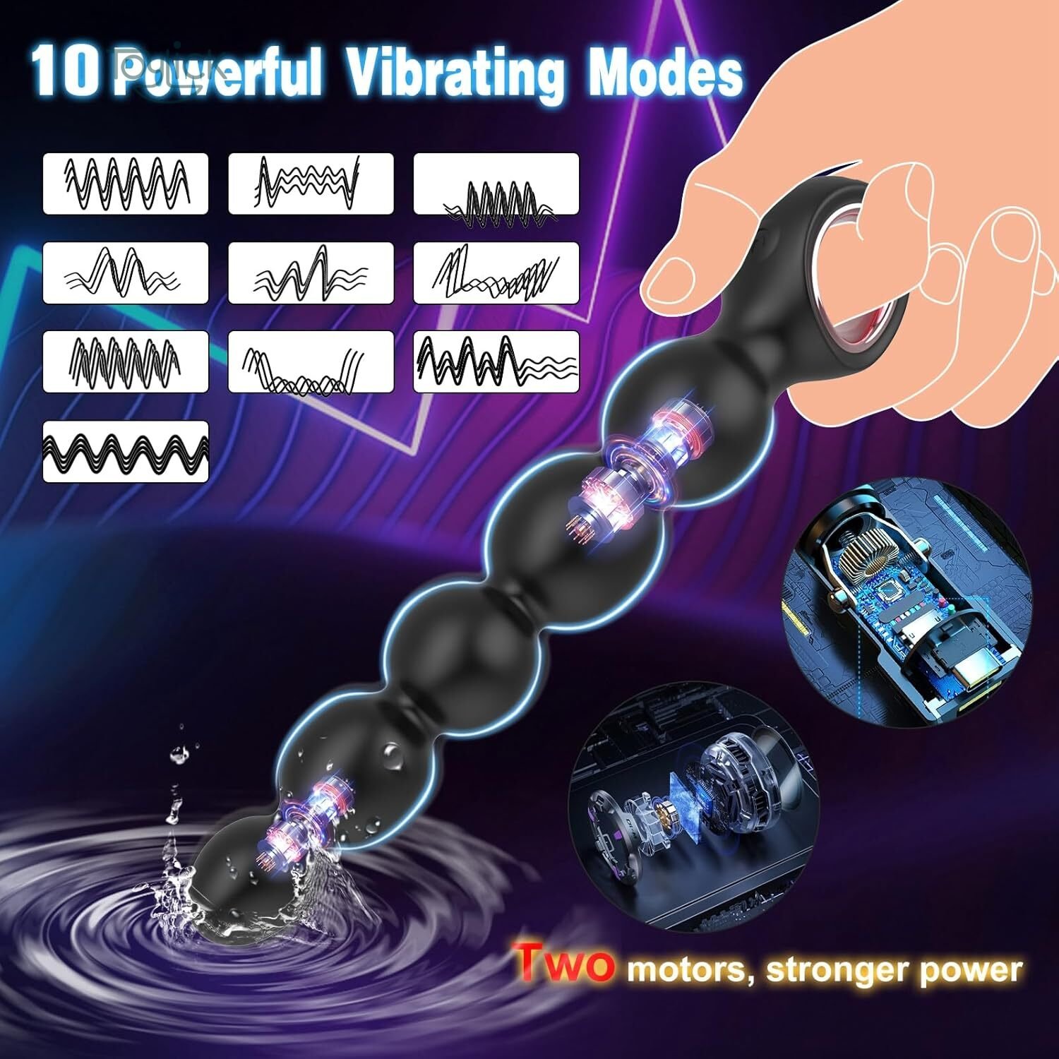 vibrating-anal-beads-butt-plug-with-2-powerful-motors-10-vibrating-modes-toylick-2 An advertisement for the Toylick vibrating anal beads, highlighting "10 Powerful Vibrating Modes" with corresponding wave icons. The black, beaded toy is shown with cutaway graphics revealing its two powerful internal motors. The text at the bottom emphasizes "Two motors, stronger power."