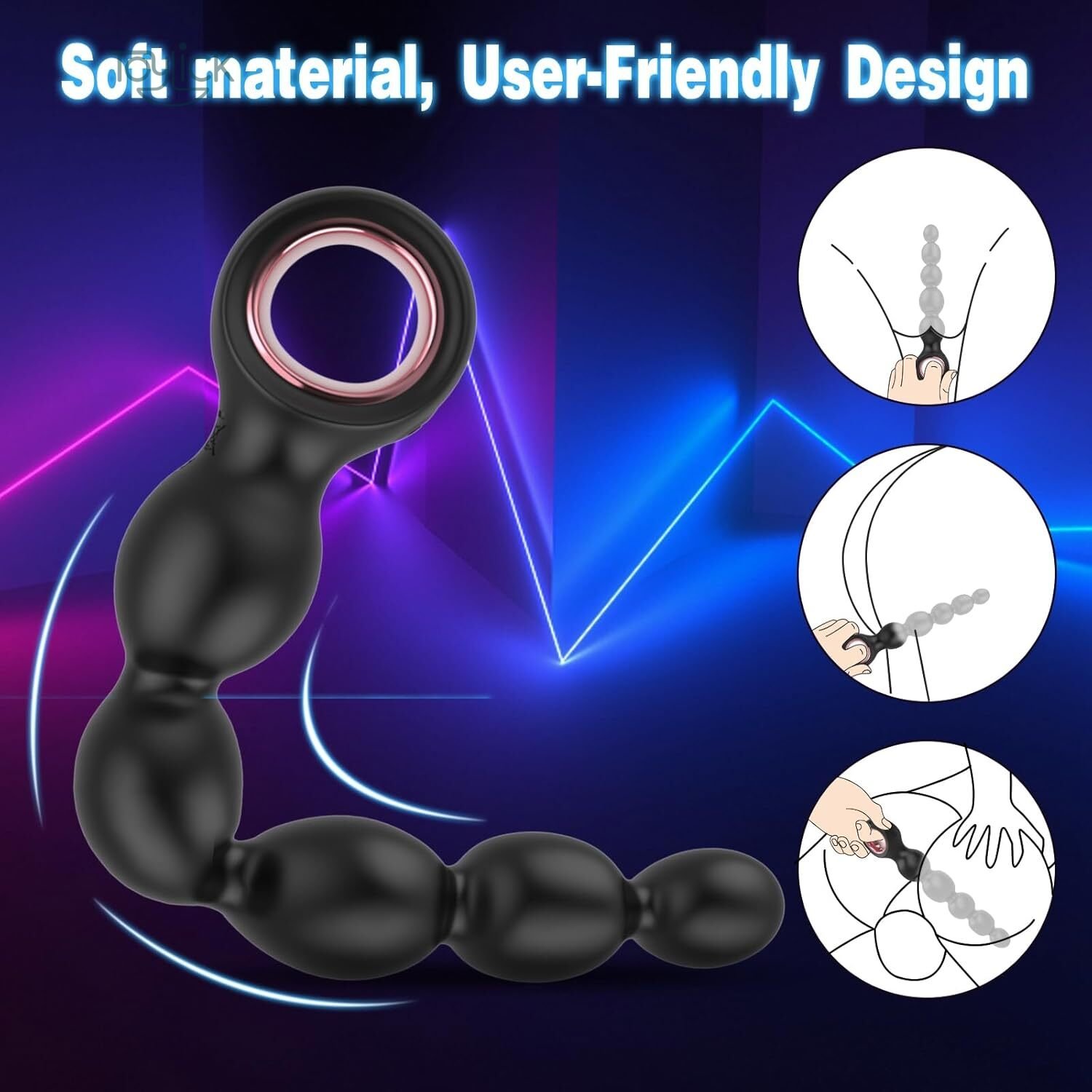vibrating-anal-beads-butt-plug-with-2-powerful-motors-10-vibrating-modes-toylick-3 A promotional image showcasing the "Soft material, User-Friendly Design" of the Toylick anal beads. The flexible black toy is shown bent into a curve. Three circular insets provide stylized illustrations on how to hold and use the product.