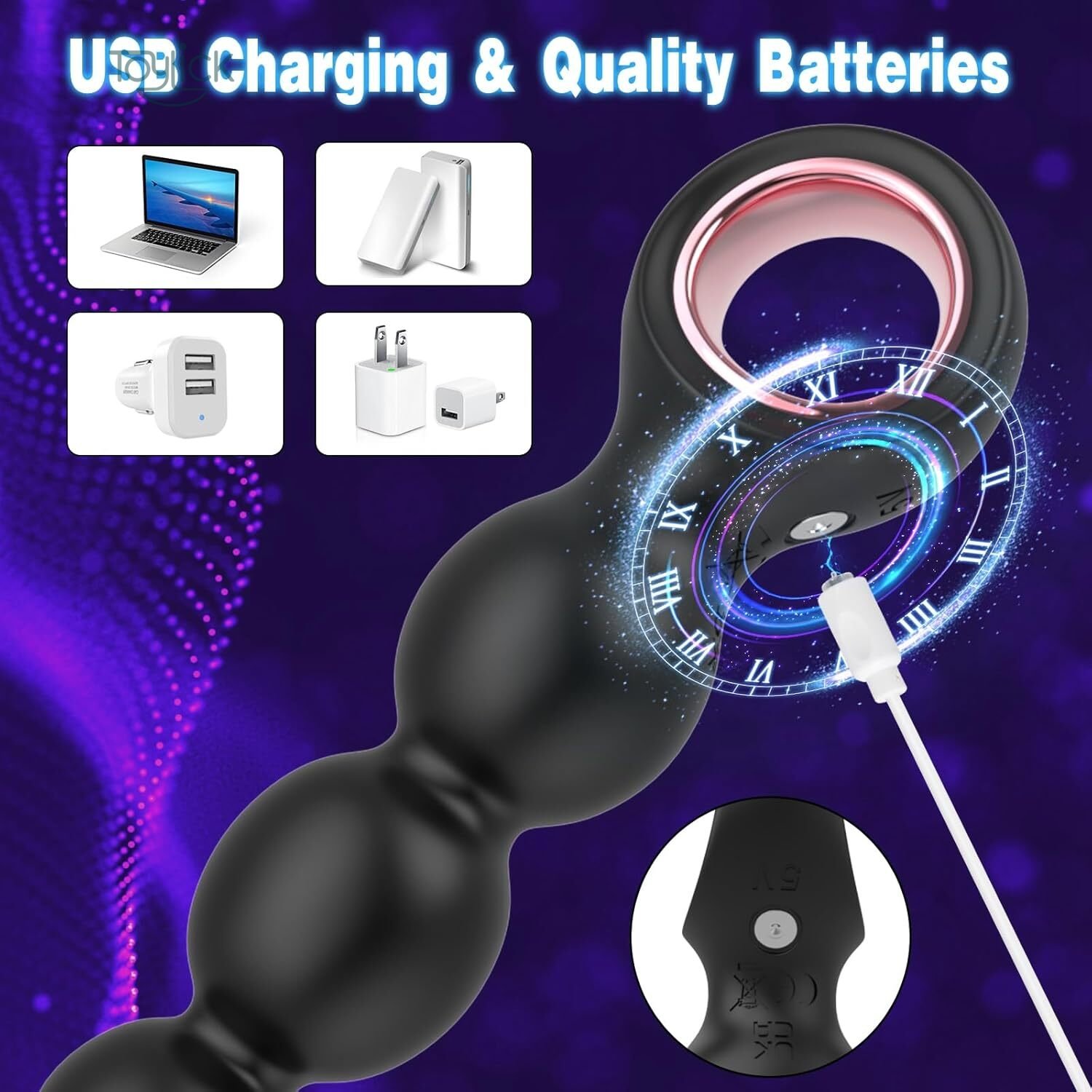 vibrating-anal-beads-butt-plug-with-2-powerful-motors-10-vibrating-modes-toylick-4 An infographic detailing the "USB Charging & Quality Batteries" of the Toylick vibrating anal beads. It shows the magnetic charging cable connecting to the base of the toy, surrounded by a glowing clock graphic. Four icons illustrate charging options: laptop, power bank, and two types of wall adapters.