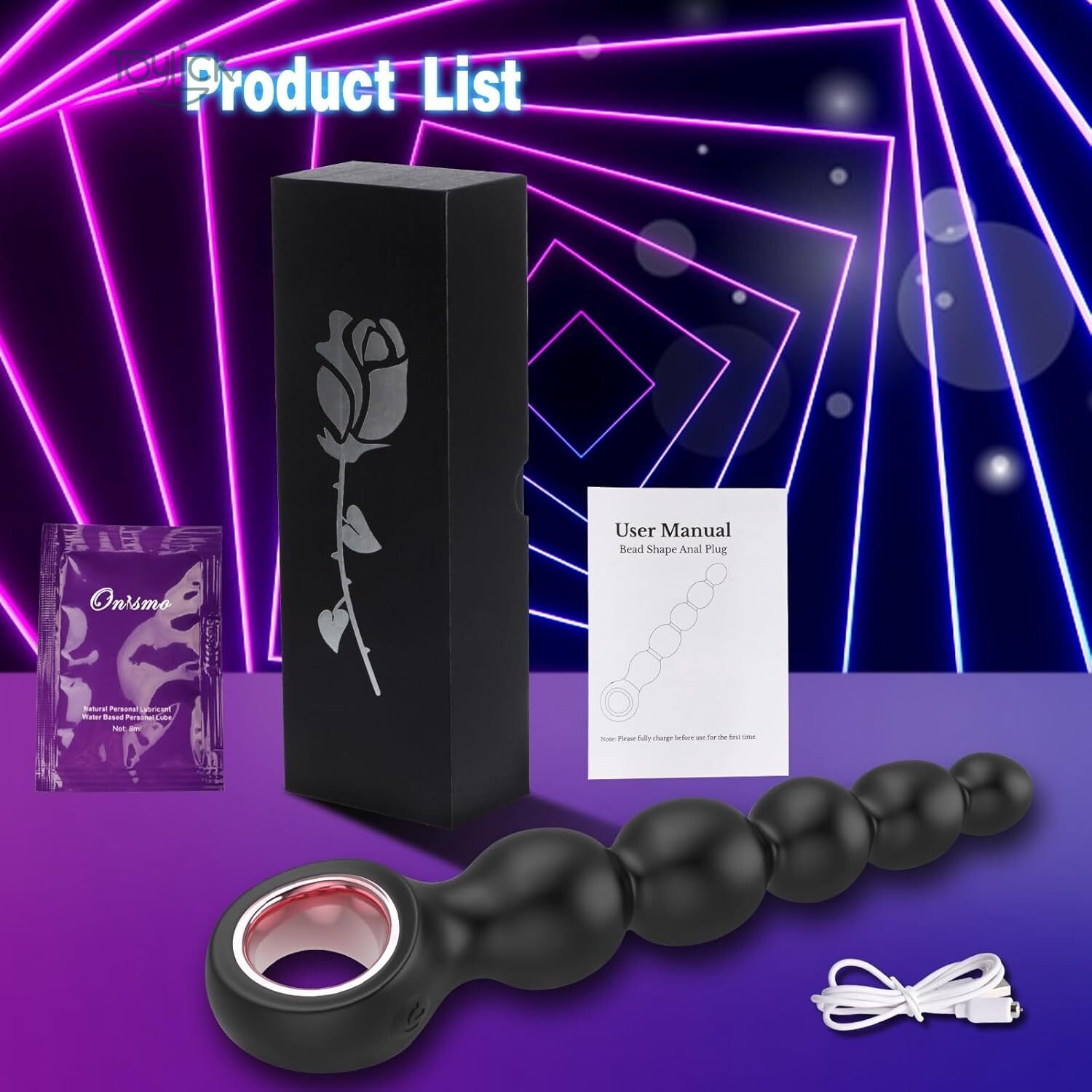 vibrating-anal-beads-butt-plug-with-2-powerful-motors-10-vibrating-modes-toylick-5 An image showing the "Product List" for the Toylick vibrating anal beads. It displays all the items included: the black beaded toy, a black box with a silver rose design, a user manual, a white USB charging cable, and a sachet of lubricant.