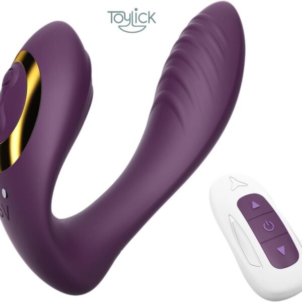 The main product image of the Toylick Wearable Clitoral G Spot Panty Vibrator. The purple, U-shaped toy with gold accents is shown next to its compact white and purple remote control, against a clean white background.