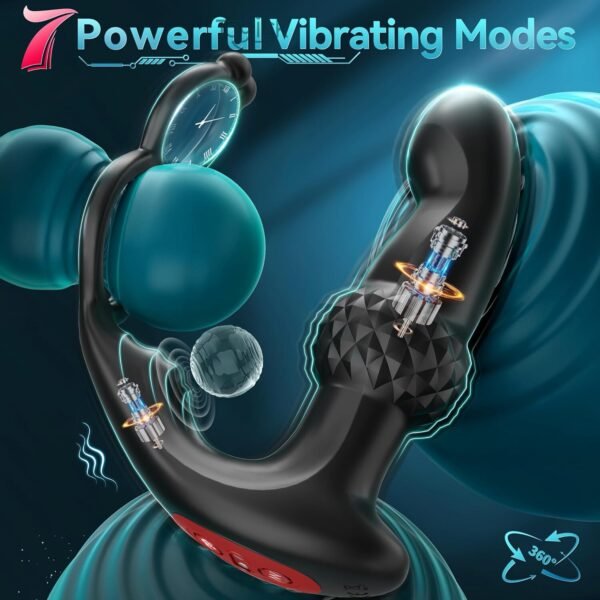 ToyLick Wireless Prostate Massager highlighting the Dual Motor design with 7 Powerful Vibration Modes in both the prostate-targeting tip and the perineum-stimulating arm.