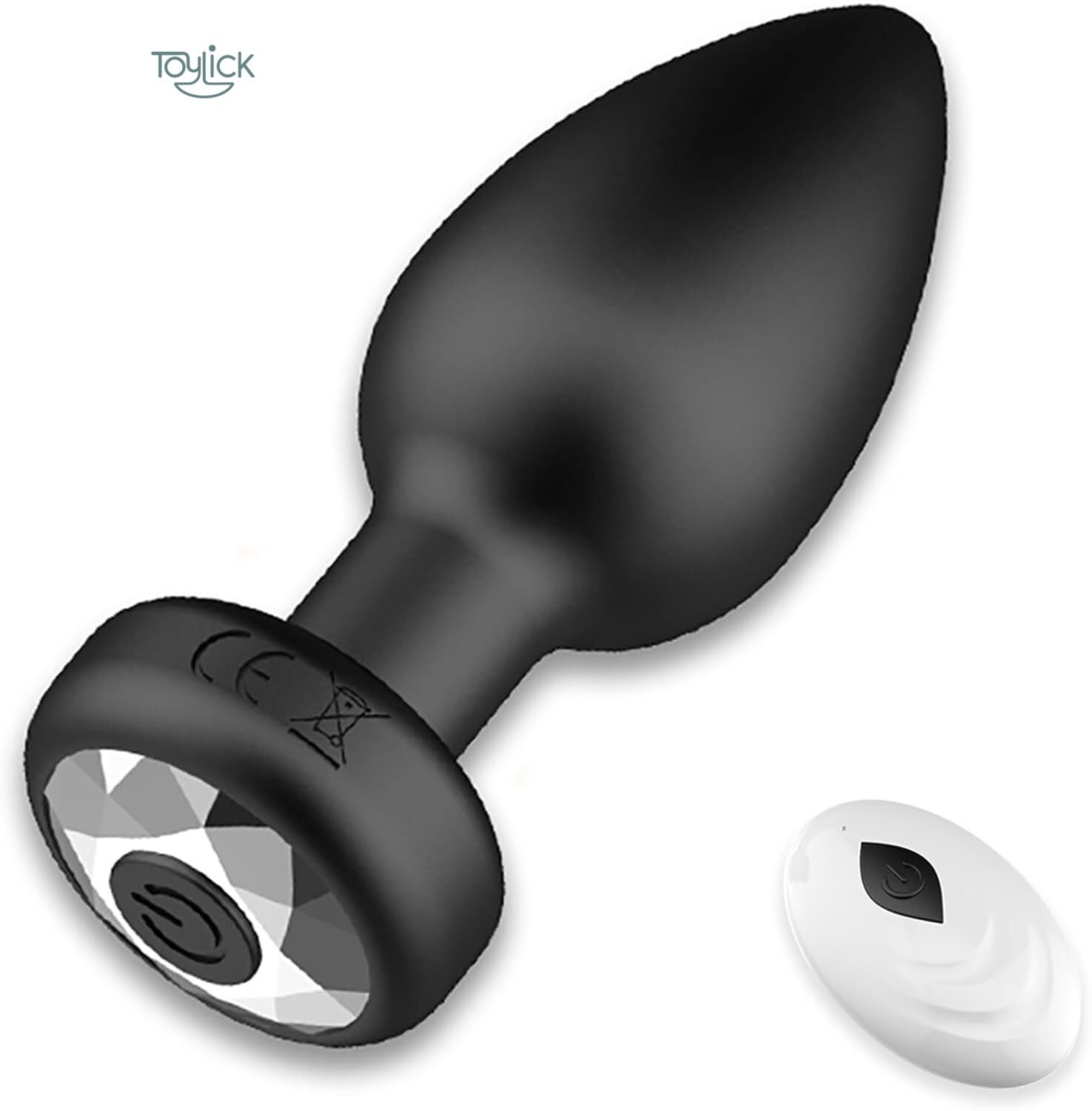 wireless-remote-butt-plug-with-10-vibrations-toylick-main ToyLick Wireless Remote Butt Plug. Main view showing the black silicone vibrating butt plug and its small, compact wireless remote control.