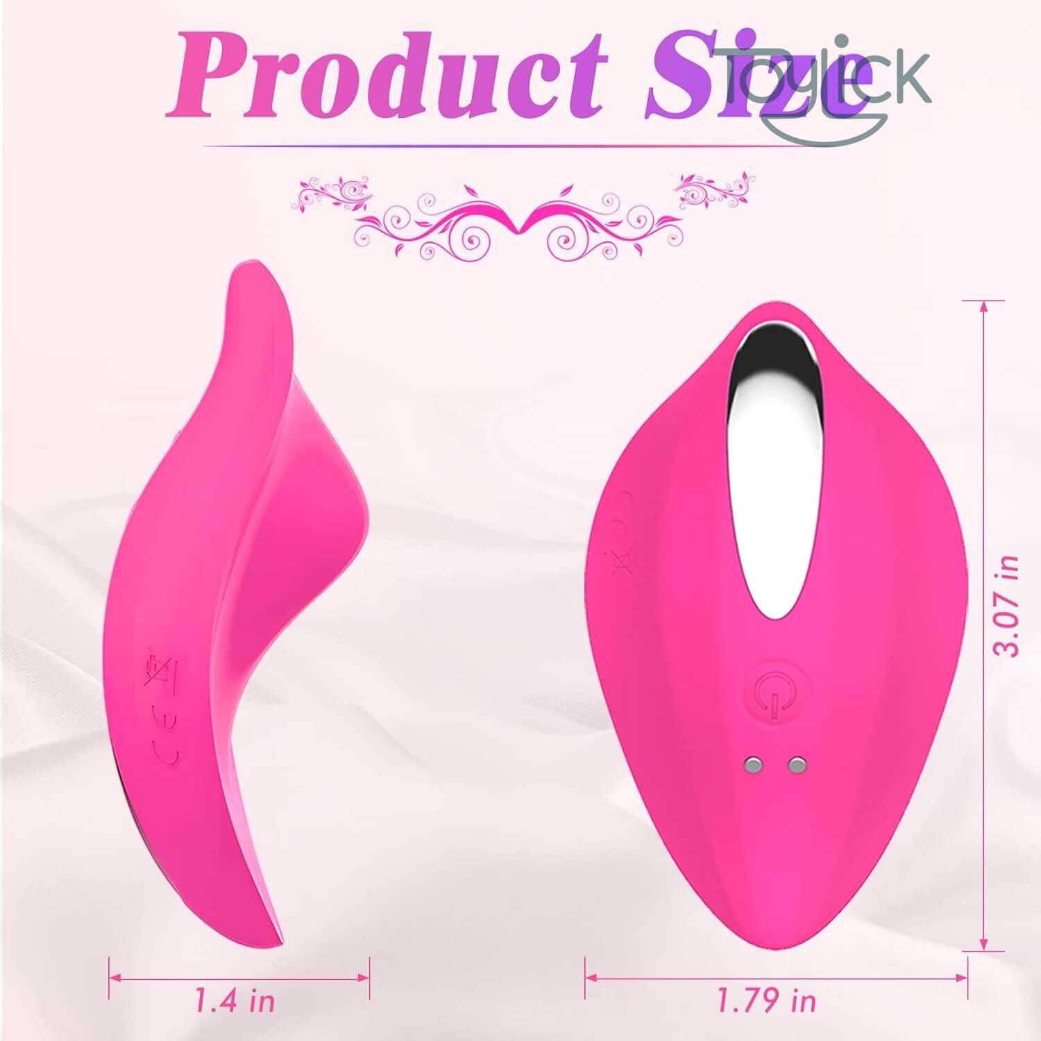 wireless-vibrating-panties-with-12-modes-remote-control-toylick-1 A "Product Size" guide for the Toylick vibrating panty. It provides a side view and a top-down view of the pink device, with its dimensions clearly labeled: 3.07 inches in length, 1.79 inches in width, and 1.4 inches in thickness.