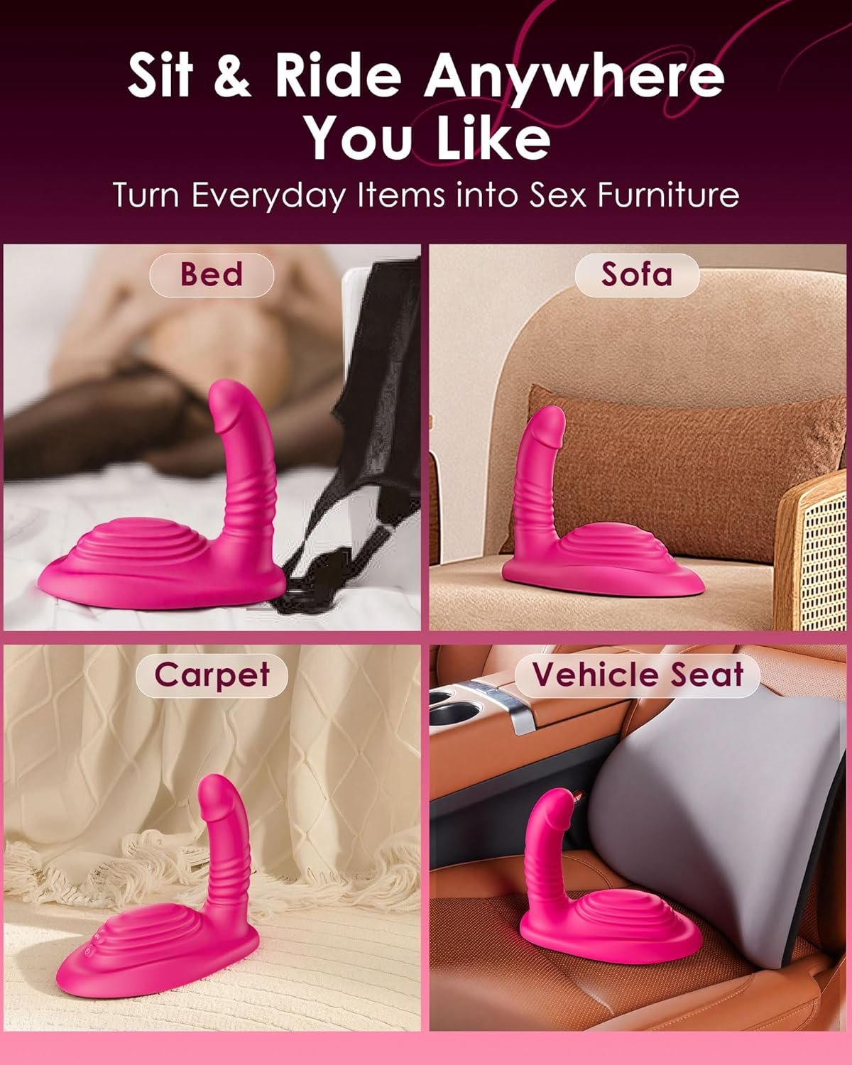 remote-control-riding-dildo-vibrator-9-thrusts-gellery-image-3 An image promoting the versatility of the pink Remote Control Riding Dildo Vibrator. Four panels show the dildo placed on a bed, a sofa, a carpet, and a vehicle seat, with the headline: "Sit & Ride Anywhere You Like. Turn Everyday Items into Sex Furniture." Brand: ToyLick.