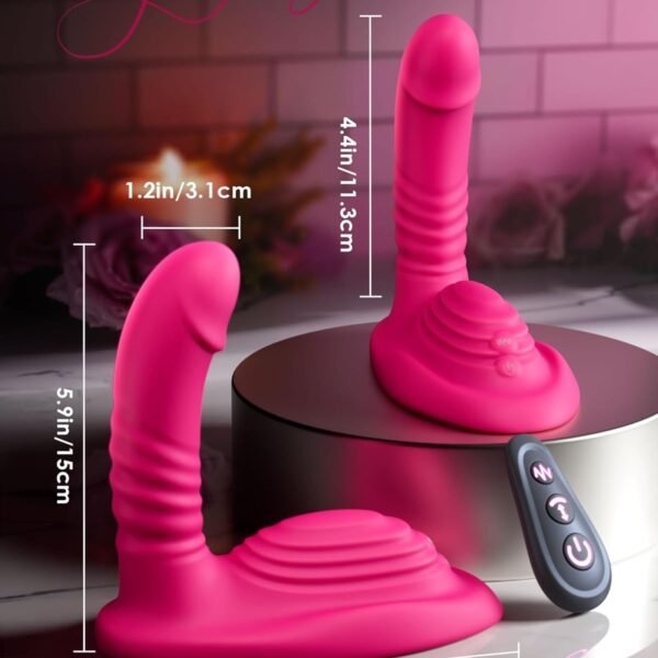 Size guide for the pink Remote Control Riding Dildo Vibrator showing the overall dimensions: total length 6.5 inches (16.5 cm), height 5.9 inches (15 cm), insertable length 4.4 inches (11.3 cm), and diameter 1.2 inches (3.1 cm). The base is wide for stable riding. Brand: ToyLick.