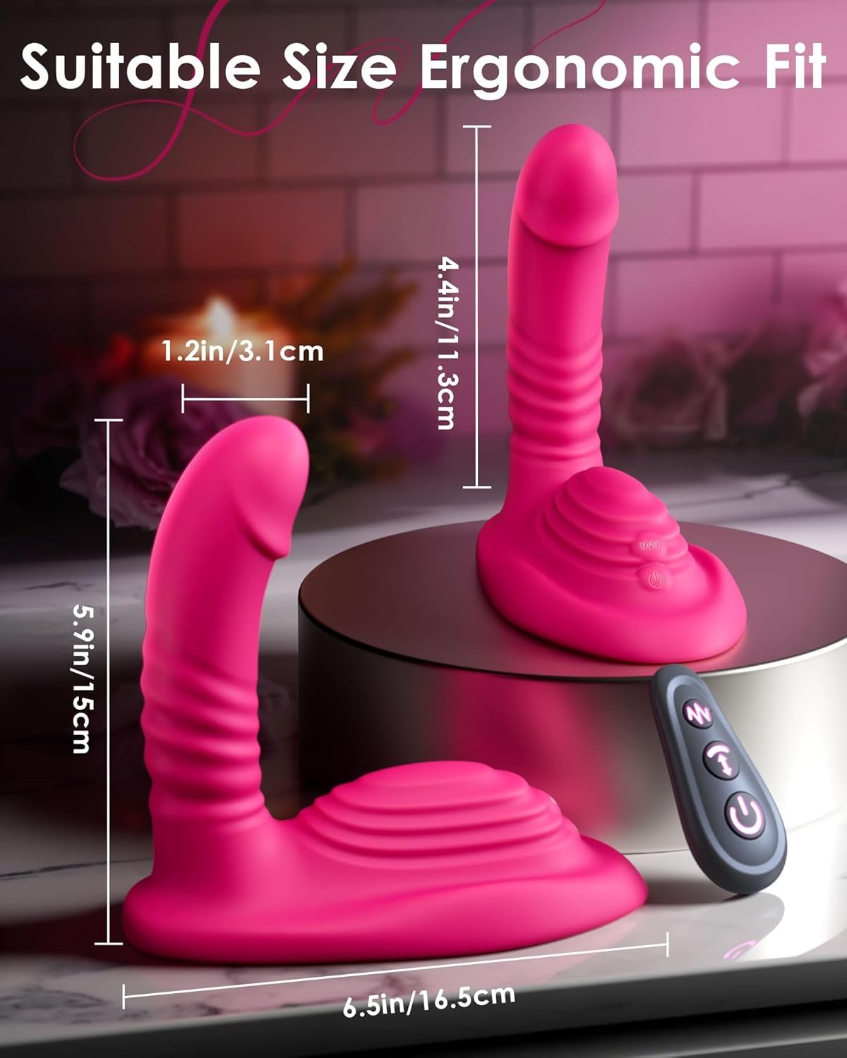 remote-control-riding-dildo-vibrator-9-thrusts-size-guide Size guide for the pink Remote Control Riding Dildo Vibrator showing the overall dimensions: total length 6.5 inches (16.5 cm), height 5.9 inches (15 cm), insertable length 4.4 inches (11.3 cm), and diameter 1.2 inches (3.1 cm). The base is wide for stable riding. Brand: ToyLick.