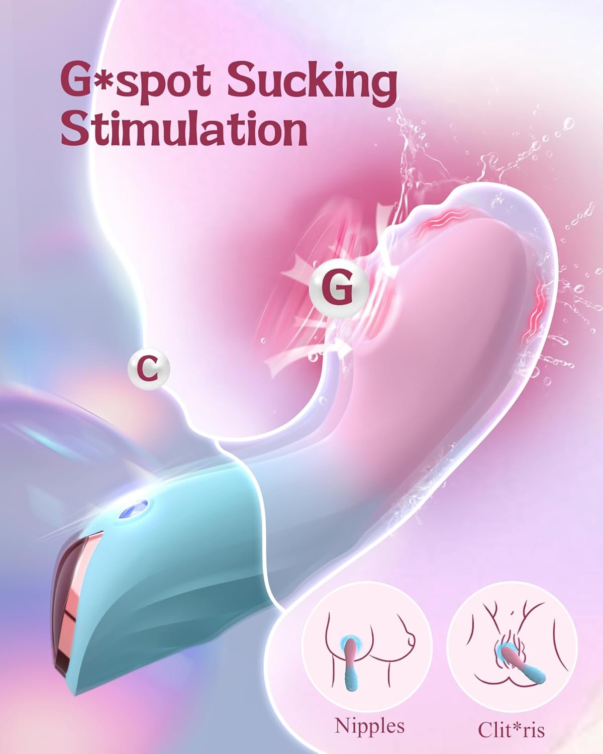 sensation-sucker-9-mode-clitoral-g-spot-stimulator-toylick-gallery-1 Feature infographic for the ToyLick Sensation Sucker emphasizing G-spot suction stimulation and its versatility for use on nipples and the clitoris.