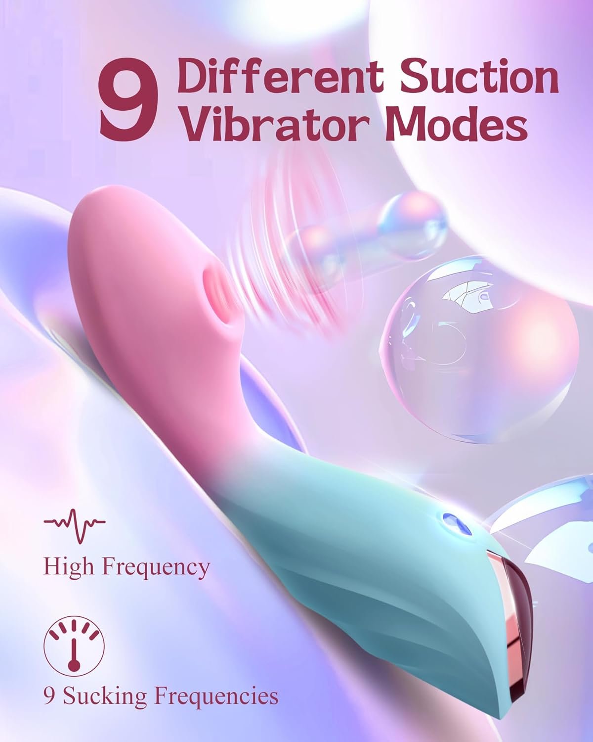 sensation-sucker-9-mode-clitoral-g-spot-stimulator-toylick-gallery-2 Promotional graphic for the ToyLick Sensation Sucker highlighting its 9 different suction vibrator modes and high-frequency sucking capabilities against an abstract pink background.